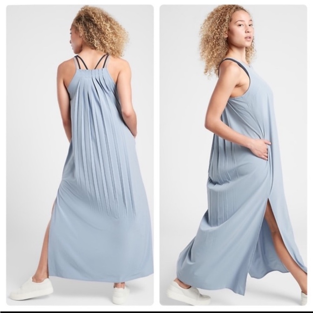 Athleta Blue Pleated Halter Maxi Dress Flowing S